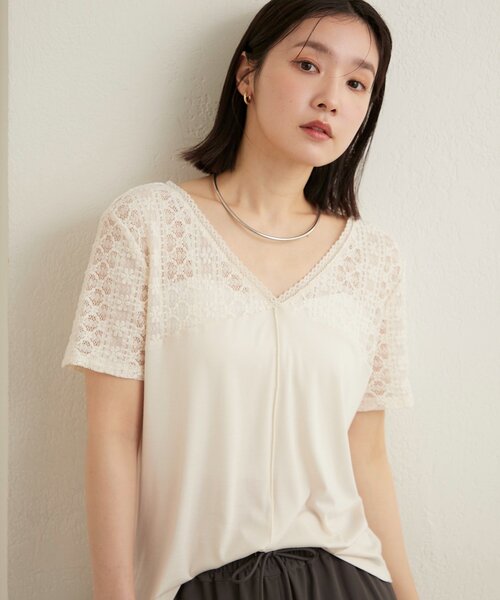 Omekashi(オメカシ)の「2wayレース切替Tシャツ(Tシャツ/カットソー・レディース・オフホワイト/ミント/ブラック・FREE)」の2枚目の写真