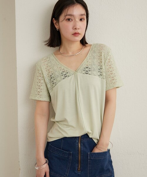 Omekashi(オメカシ)の「2wayレース切替Tシャツ(Tシャツ/カットソー・レディース・オフホワイト/ミント/ブラック・FREE)」の1枚目の写真