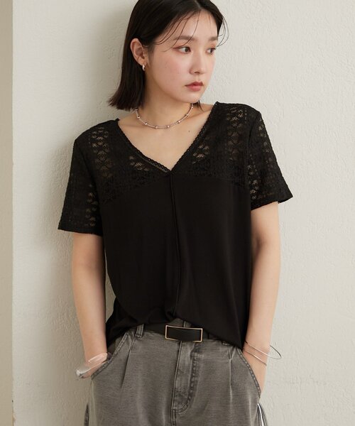 Omekashi(オメカシ)の「2wayレース切替Tシャツ(Tシャツ/カットソー・レディース・オフホワイト/ミント/ブラック・FREE)」の3枚目の写真