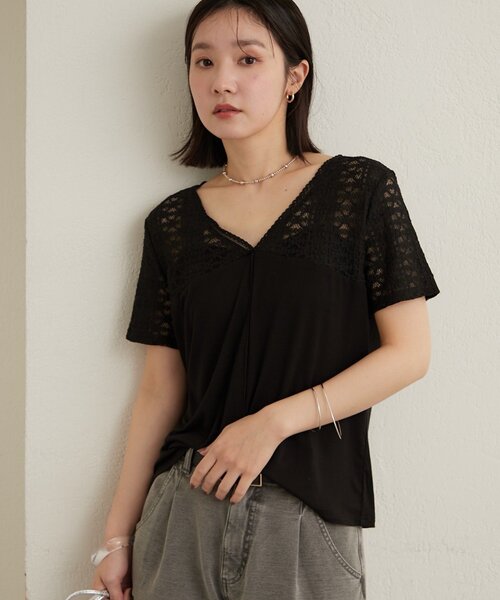 Omekashi(オメカシ)の「2wayレース切替Tシャツ(Tシャツ/カットソー・レディース・オフホワイト/ミント/ブラック・FREE)」の16枚目の写真