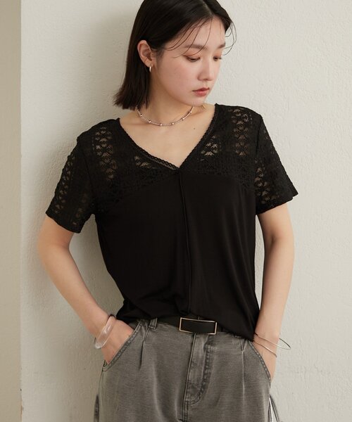 Omekashi(オメカシ)の「2wayレース切替Tシャツ(Tシャツ/カットソー・レディース・オフホワイト/ミント/ブラック・FREE)」の18枚目の写真