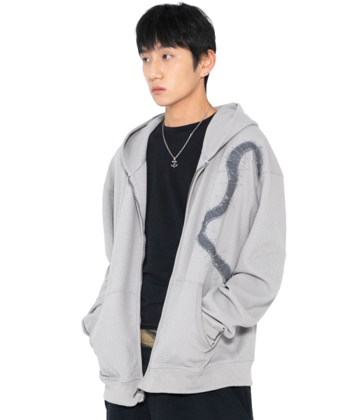 XTONZ（エクストーンズ）の「XTT151 フローアップリケワッフルフードジップアップ (GRAY)（パーカー・レディース・その他・MEDIUM/LARGE）」の3枚目の写真