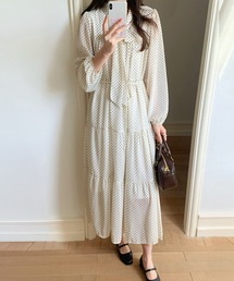 【ロング丈/裏地付き/ウエスト紐付き】長袖 ボウタイ ティアード ワンピース レディース