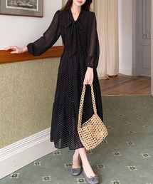 DAY CLOSET | 【ロング丈/裏地付き/ウエスト紐付き】長袖 ボウタイ ティアード ワンピース レディース(シャツワンピース)