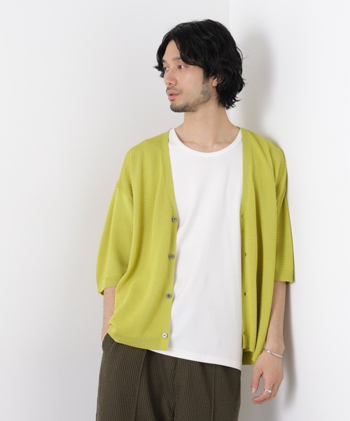 NANO universe（ナノユニバース）の「エアリードレープ ニットカーディガン 5分袖（カーディガン/ボレロ・メンズ・ネイビー/グリーン/チャコール/イエロー・L/M）」の4枚目の写真