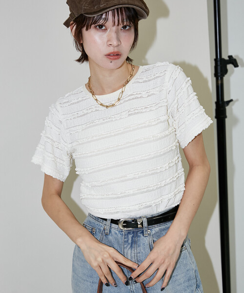 PUBLUX(パブリュクス)の「PUBLUX/パブリュクス コンパクト レース Tシャツ 限定展開(Tシャツ/カットソー・レディース・ブラック/オフホワイト/イエロー・フリ-)」の2枚目の写真