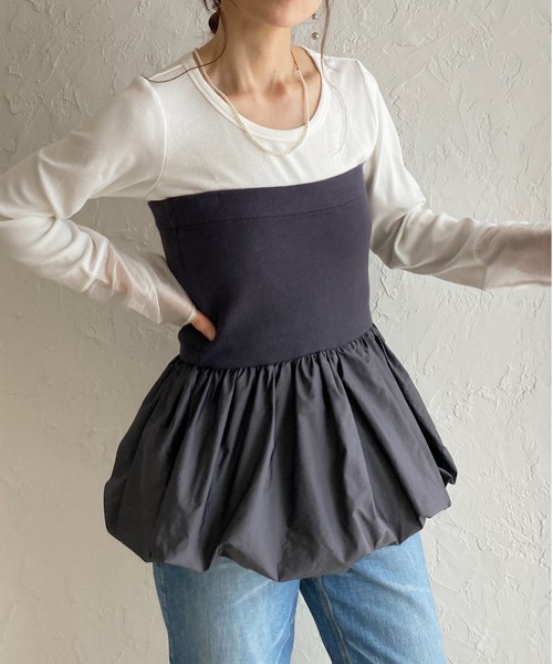 She's Closet(シーズクローゼット)の「異素材切り替え ニットドッキング バルーン ビスチェ ペプラムトップス(チューブトップ・レディース・アイボリー/ブラック/チャコールグレー・FREE)」の3枚目の写真
