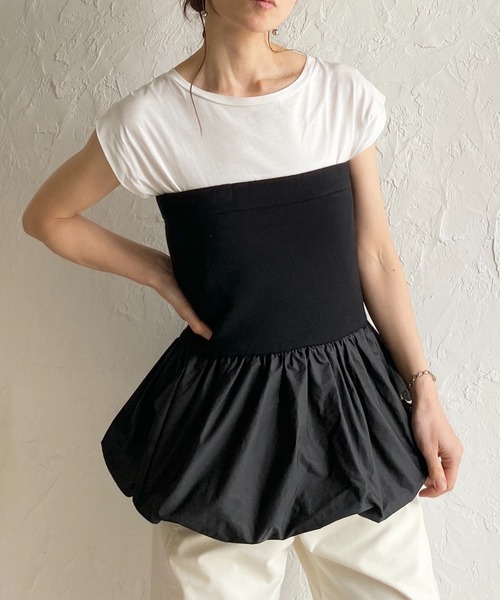 She's Closet(シーズクローゼット)の「異素材切り替え ニットドッキング バルーン ビスチェ ペプラムトップス(チューブトップ・レディース・アイボリー/ブラック/チャコールグレー・FREE)」の2枚目の写真