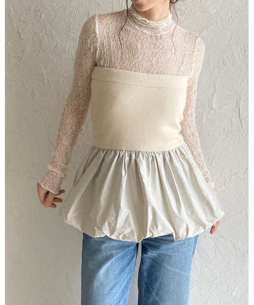 She's Closet(シーズクローゼット)の「異素材切り替え ニットドッキング バルーン ビスチェ ペプラムトップス(チューブトップ・レディース・アイボリー/ブラック/チャコールグレー・FREE)」の4枚目の写真