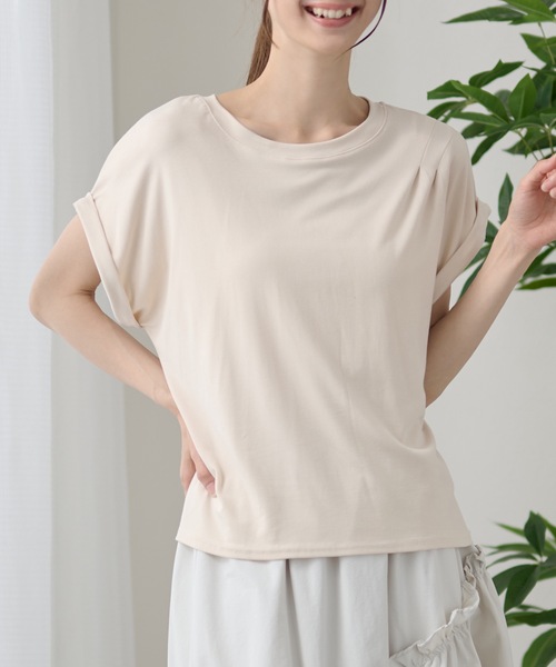 DAYRA（デイラ）の「ソリッドカラー ロール袖 ラウンドネック バックオープン プルオーバー（Tシャツ/カットソー・レディース・キャメル/ブルー/ブラック/グレー/ホワイト/アイボリー・FREE）」の3枚目の写真