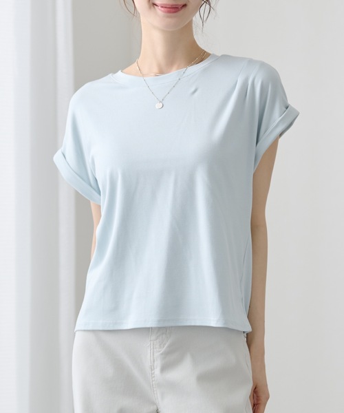 DAYRA（デイラ）の「ソリッドカラー ロール袖 ラウンドネック バックオープン プルオーバー（Tシャツ/カットソー・レディース・キャメル/ブルー/ブラック/グレー/ホワイト/アイボリー・FREE）」の8枚目の写真