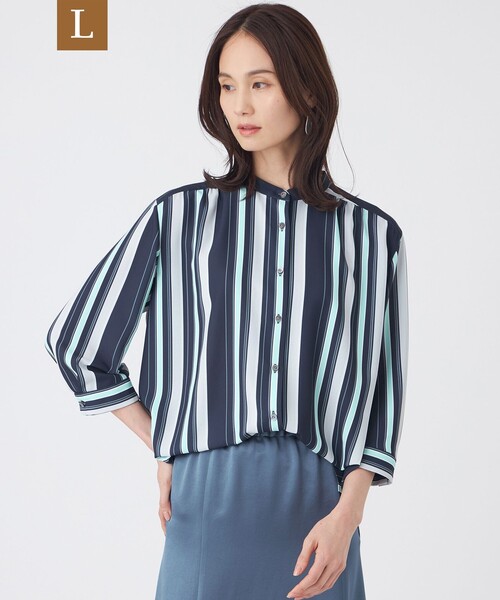 TRANS WORK(トランスワーク)の「【L】【ウォッシャブル】マルチストライププリントブラウス(シャツ/ブラウス・レディース・ネイビー/ピンク系その他2/ブルー・46/44)」の2枚目の写真