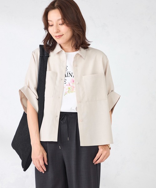GALLORIA(ギャローリア)の「【セットアップで着られる】麻入り両ポケシャツ(シャツ/ブラウス・レディース・モカ/ベージュ・L/LL/M/S)」の2枚目の写真