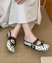 ドット柄 リボン付き ミュールサンダル スクエアトゥ ガーリー