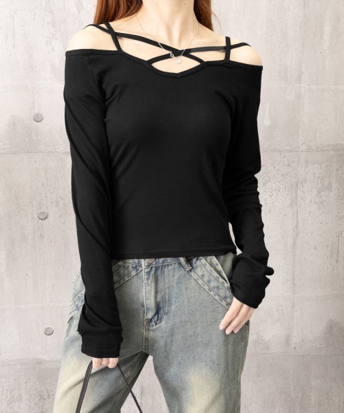 Miniministore（ミニミニストア）の「オフショルダーTシャツ クロスストラップ（Tシャツ/カットソー・レディース・ブラック・M/L）」の12枚目の写真
