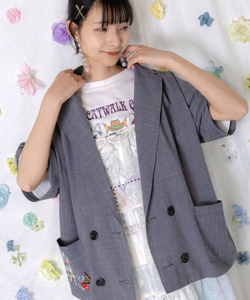 ScoLar（スカラー）の「162607：花ネコ刺繍入り半袖ジャケット（テーラードジャケット・レディース・グレー/アイボリー・M）」の7枚目の写真