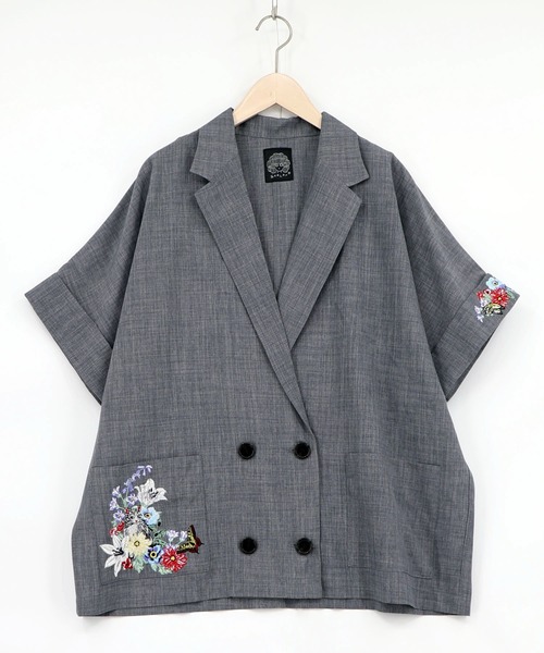 ScoLar（スカラー）の「162607：花ネコ刺繍入り半袖ジャケット（テーラードジャケット・レディース・グレー/アイボリー・M）」の11枚目の写真