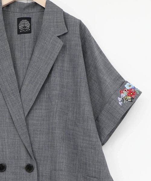 ScoLar（スカラー）の「162607：花ネコ刺繍入り半袖ジャケット（テーラードジャケット・レディース・グレー/アイボリー・M）」の14枚目の写真