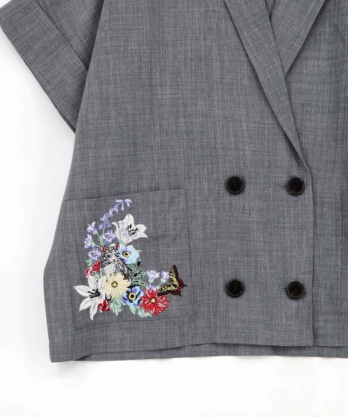 ScoLar（スカラー）の「162607：花ネコ刺繍入り半袖ジャケット（テーラードジャケット・レディース・グレー/アイボリー・M）」の16枚目の写真