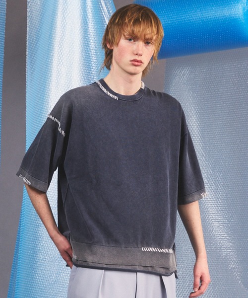 MAISON SPECIAL(メゾンスペシャル)の「《UNISEX》High Twist Prime-Over Pigment Bleach Crew Neck Knit T-shirt/ハイツイストプライムオーバーピグメントブリーチニットTシャツ【MAISON SPECIAL/メゾンスペシャル】(Tシャツ/カットソー・メンズ・サックスブルー/ブラック/ピンク/ネイビー・1/0/2)」の3枚目の写真