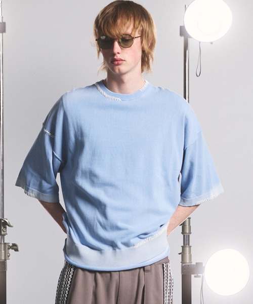 MAISON SPECIAL(メゾンスペシャル)の「《UNISEX》High Twist Prime-Over Pigment Bleach Crew Neck Knit T-shirt/ハイツイストプライムオーバーピグメントブリーチニットTシャツ【MAISON SPECIAL/メゾンスペシャル】(Tシャツ/カットソー・メンズ・サックスブルー/ブラック/ピンク/ネイビー・1/0/2)」の4枚目の写真