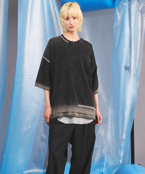 MAISON SPECIAL(メゾンスペシャル)の「《UNISEX》High Twist Prime-Over Pigment Bleach Crew Neck Knit T-shirt/ハイツイストプライムオーバーピグメントブリーチニットTシャツ【MAISON SPECIAL/メゾンスペシャル】(Tシャツ/カットソー・メンズ・サックスブルー/ブラック/ピンク/ネイビー・1/0/2)」の15枚目の写真