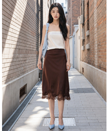 Lace Trim Satin Banding Skirt Brown