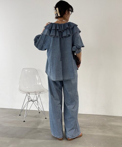 DouDou(ドゥドゥ)の「【セットアップ可能】ライトデニムワイドパンツ(デニムパンツ・レディース・ブルー/ブラック・38/36)」の4枚目の写真