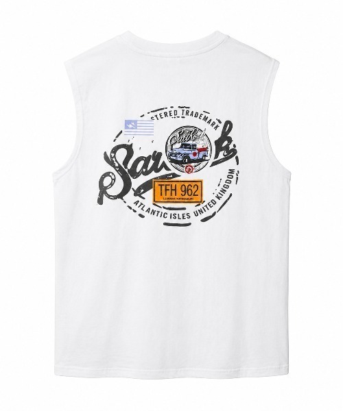 FreeZone(フリーゾーン)の「ヴィンテージ風バックプリントノースリーブTシャツ(Tシャツ/カットソー・メンズ・ホワイト/ブラック・F)」の4枚目の写真