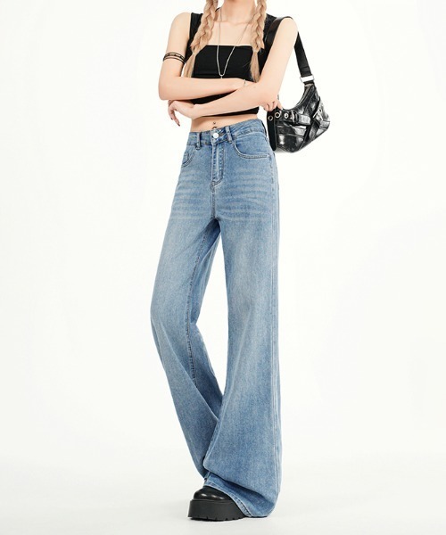 LUCPY(ラクピー)の「ハイウエストフレアワイドデニムパンツ(デニムパンツ・レディース・ネイビー・X-SMALL/SMALL/MEDIUM/LARGE)」の3枚目の写真