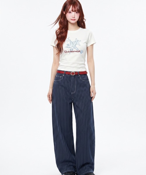 AsheKsha(アシクシャ)の「縦縞ハイウエストワイドレッグカジュアルパンツ(デニムパンツ・レディース・ブラック/ブルー・M/L)」の10枚目の写真