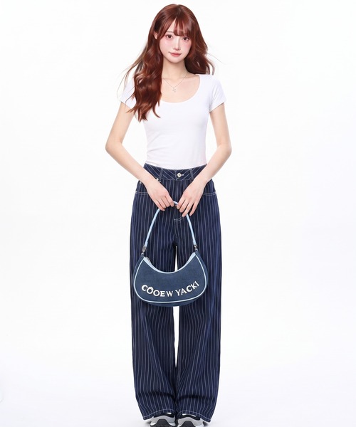 AsheKsha(アシクシャ)の「縦縞ハイウエストワイドレッグカジュアルパンツ(デニムパンツ・レディース・ブラック/ブルー・M/L)」の15枚目の写真