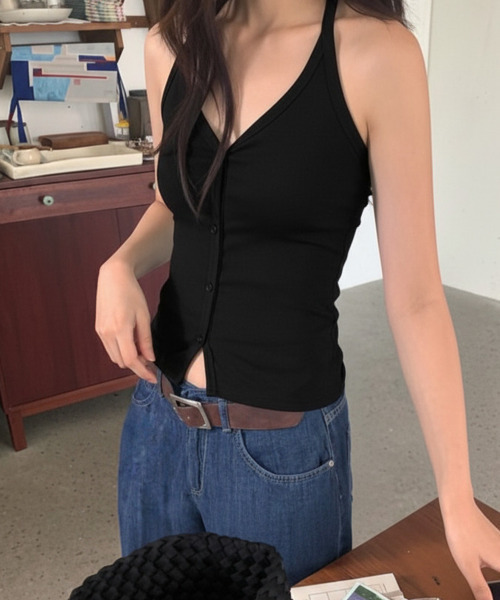 VIVID LADY（ビビッドレディー）の「フロントボタン ホルターネックトップス（Tシャツ/カットソー・レディース・チャコールグレー/ブルー/アイボリー/ブラック・FREE）」の21枚目の写真