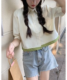 配色ヘムクロップドシャツ