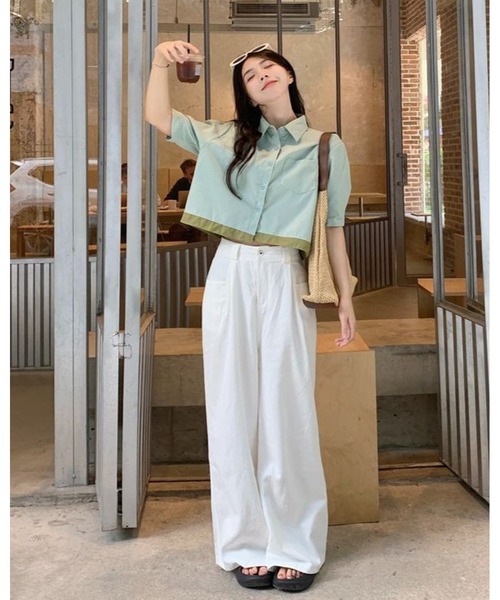 FUNdaysion（ファンデイション）の「配色ヘムクロップドシャツ（シャツ/ブラウス・レディース・アイボリー/ライトグリーン/ホワイト/ピンク・M）」の13枚目の写真