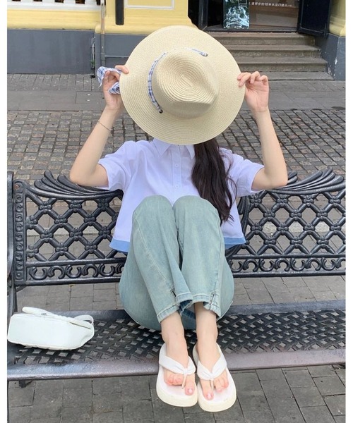 FUNdaysion（ファンデイション）の「配色ヘムクロップドシャツ（シャツ/ブラウス・レディース・アイボリー/ライトグリーン/ホワイト/ピンク・M）」の19枚目の写真