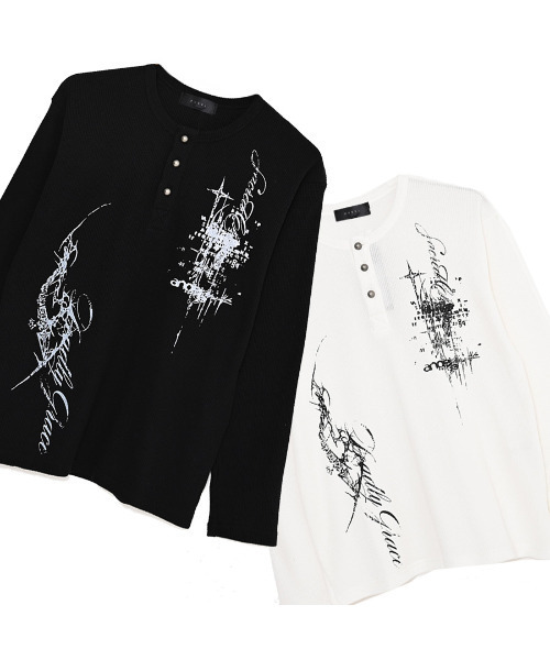 RUDOL(ルドル)の「『RUDOL/ルドル』グラフィックプリントワッフルヘンリーネックロンT(Tシャツ/カットソー・メンズ・ブラック/ホワイト・L/M)」の11枚目の写真