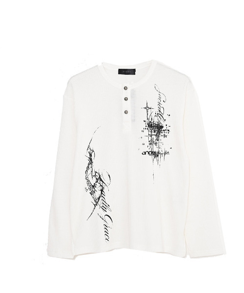 RUDOL(ルドル)の「『RUDOL/ルドル』グラフィックプリントワッフルヘンリーネックロンT(Tシャツ/カットソー・メンズ・ブラック/ホワイト・L/M)」の22枚目の写真