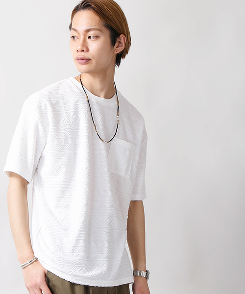 WEGO(ウィゴー)の「WEGO/パイルジャガードカットソー(Tシャツ/カットソー・メンズ・ホワイト/サックスブルー・MEDIUM/LARGE)」の2枚目の写真