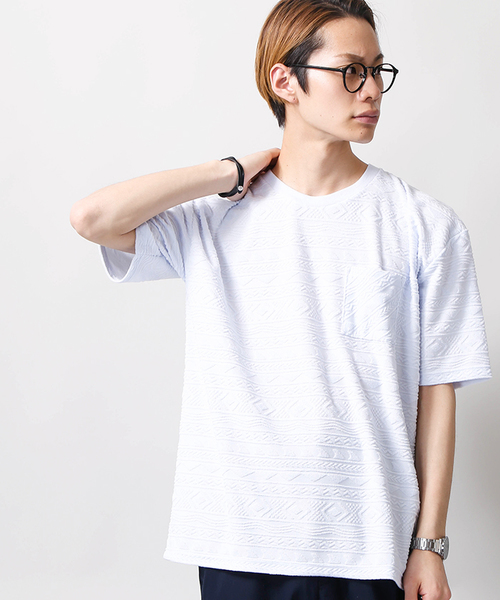 WEGO(ウィゴー)の「WEGO/パイルジャガードカットソー(Tシャツ/カットソー・メンズ・ホワイト/サックスブルー・MEDIUM/LARGE)」の1枚目の写真