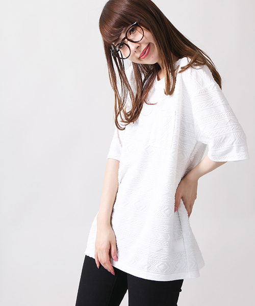 WEGO(ウィゴー)の「WEGO/パイルジャガードカットソー(Tシャツ/カットソー・メンズ・ホワイト/サックスブルー・MEDIUM/LARGE)」の3枚目の写真