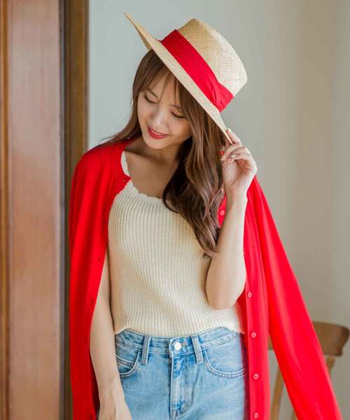 MODE ROBE(モードローブ)の「つば広カンカン帽 麦わら 麦わら帽子(ハット)」|レッド