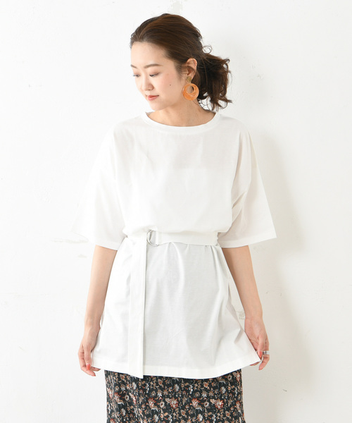 DouDou（ドゥドゥ）の「ベルト付BIGTシャツ（Tシャツ/カットソー・レディース・オフホワイト/ベージュ/ブラック・FREE）」の6枚目の写真