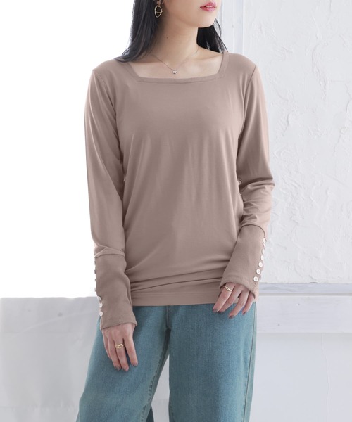 n'OrLABEL(ノアールレーベル)の「【吸湿発熱・保温】スクエア&Vネック2wayロンT(Tシャツ/カットソー・レディース・ブラック/アイボリー/モカ/バーガンディー/グレイッシュブルー/チャコール/ダークグレー/ネイビー・LL/M/L)」の10枚目の写真