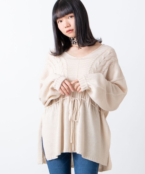 WEGO(ウィゴー)の「WEGO/ドロストチュニックセーター(ニット/セーター・レディース・ライトグレー/ライトベージュ・FREE)」の1枚目の写真