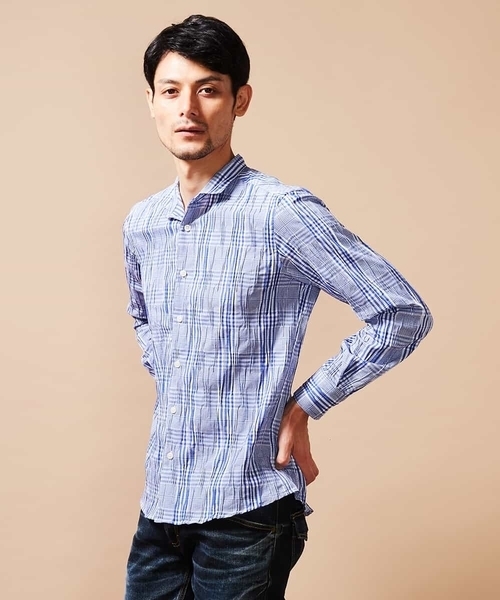 MICHEL KLEIN HOMME (ミッシェルクランオム)の「シャツ(タックグレンチェック)(シャツ/ブラウス・メンズ・ベージュ/ブルー・46/48/MEDIUM/LARGE)」の6枚目の写真