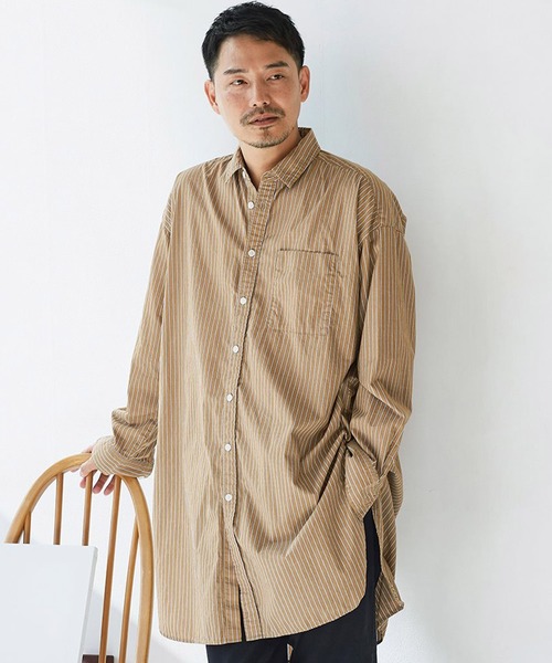 Sunny clouds(サニークラウズ)の「サニークラウズ ストライプロングシャツ(シャツ/ブラウス・メンズ・ベージュ/ブルー・SMALL/MEDIUM/LARGE/BL)」の1枚目の写真