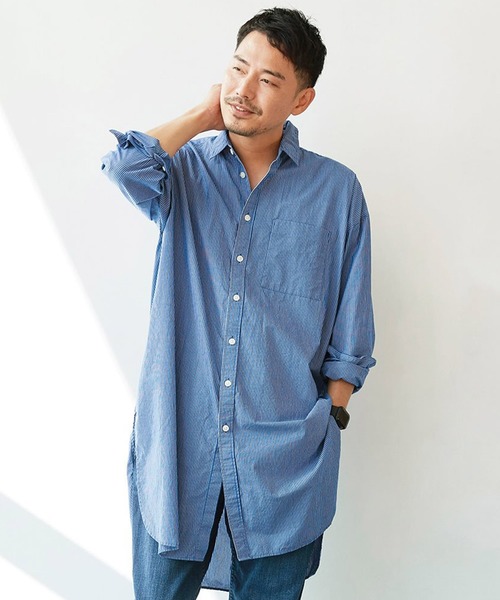 Sunny clouds(サニークラウズ)の「サニークラウズ ストライプロングシャツ(シャツ/ブラウス・メンズ・ベージュ/ブルー・SMALL/MEDIUM/LARGE/BL)」の2枚目の写真