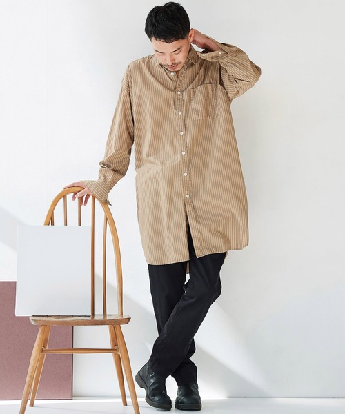 Sunny clouds(サニークラウズ)の「サニークラウズ ストライプロングシャツ(シャツ/ブラウス・メンズ・ベージュ/ブルー・SMALL/MEDIUM/LARGE/BL)」の3枚目の写真