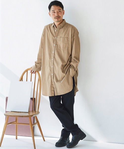 Sunny clouds(サニークラウズ)の「サニークラウズ ストライプロングシャツ(シャツ/ブラウス・メンズ・ベージュ/ブルー・SMALL/MEDIUM/LARGE/BL)」の4枚目の写真